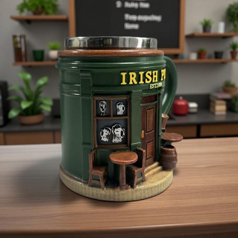 3D Pattern Irish Pub Stainless Steel Mug Home Bar Resin Crafts Ornaments Beer Mug Coffee Cup Drinking Utensils Xmas Holiday Gift