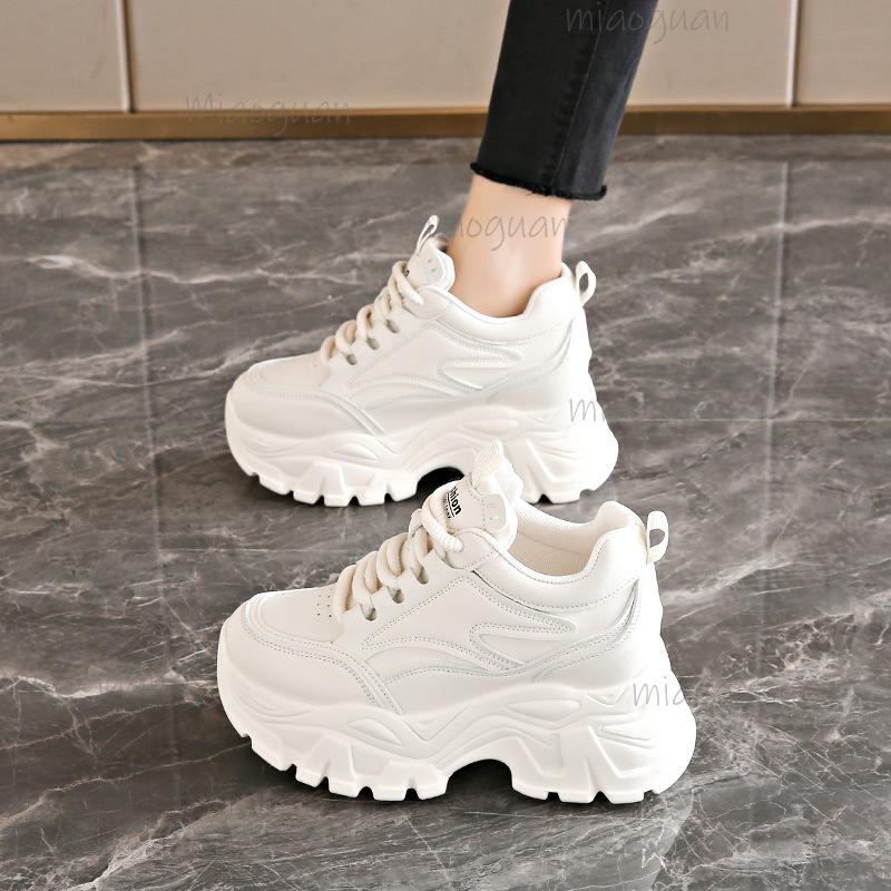 Chunky Sole Platform Sneakers Women's Lace-Up Thick Bottom Vulcanzied Shoes Female Pu Leather Non-Slip Sports Shoes Woman