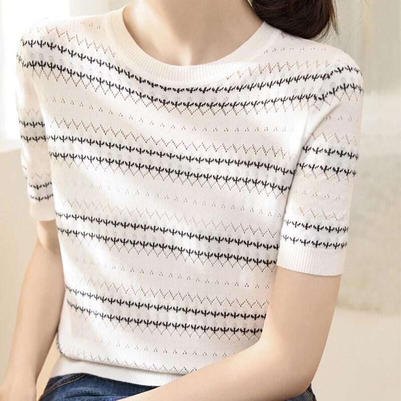 YUZHAOLIN Women s Striped Ice Silk Knit Short Sleeve T-shirt