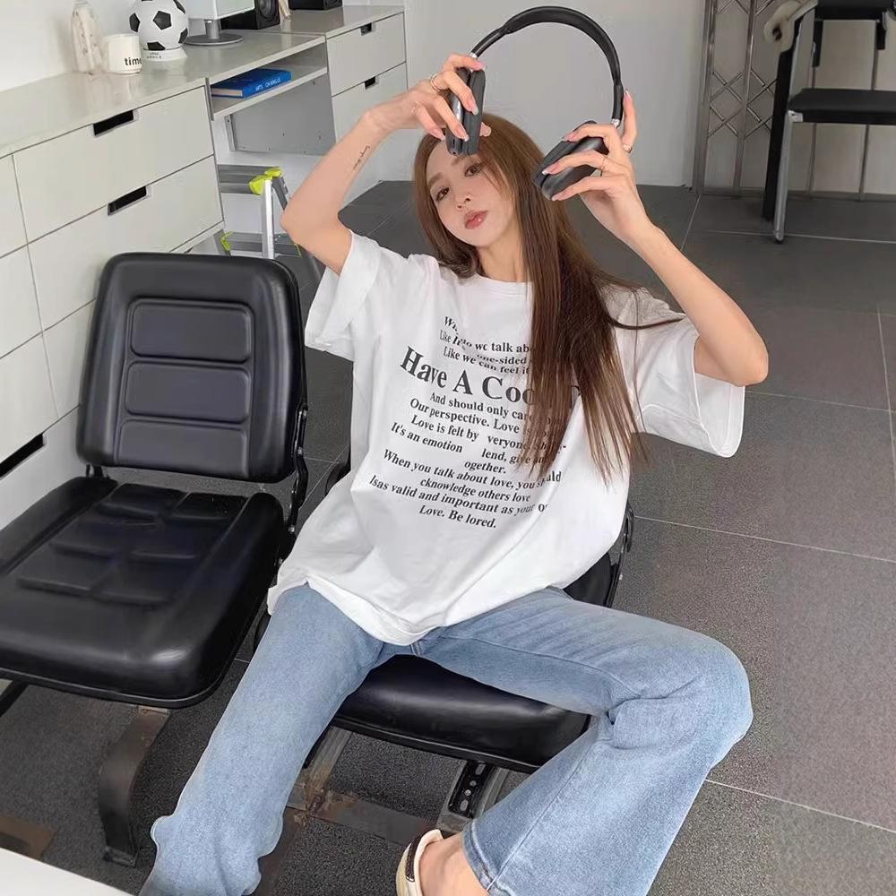 Fat MM black letters lazy slack short sleeve large version long t-shirt women's summer new loose large size top white