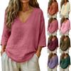 Women's V Neck 3/4 Sleeve Blouse Regular Fit Washed Cotton Top Solid Color Vintage Elegant Spring Summer Travel Casual Shirt