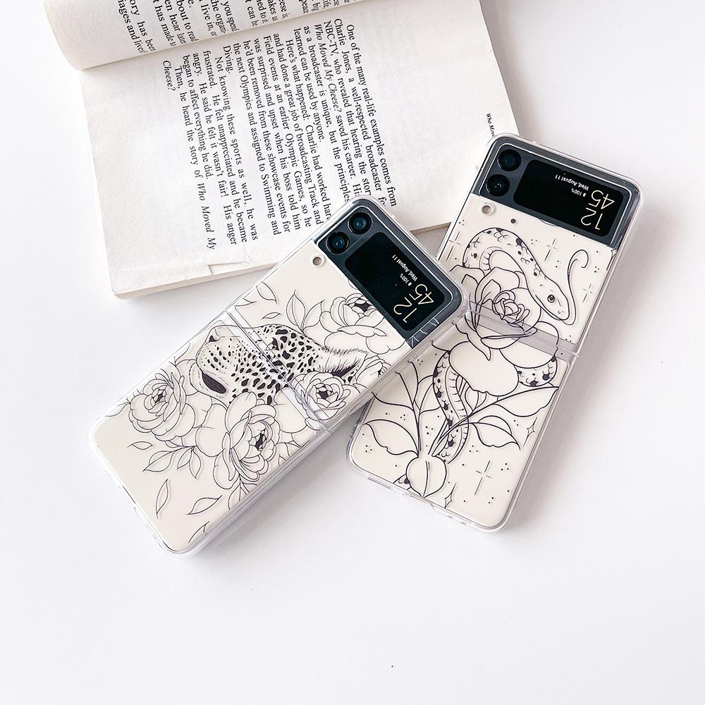 For Samsung Galaxy Z Flip 4 3 Case Line Animals Painted Transparent Shockproof Hard Back Cover For Samsung Z Flip4 Flip3 5g Case