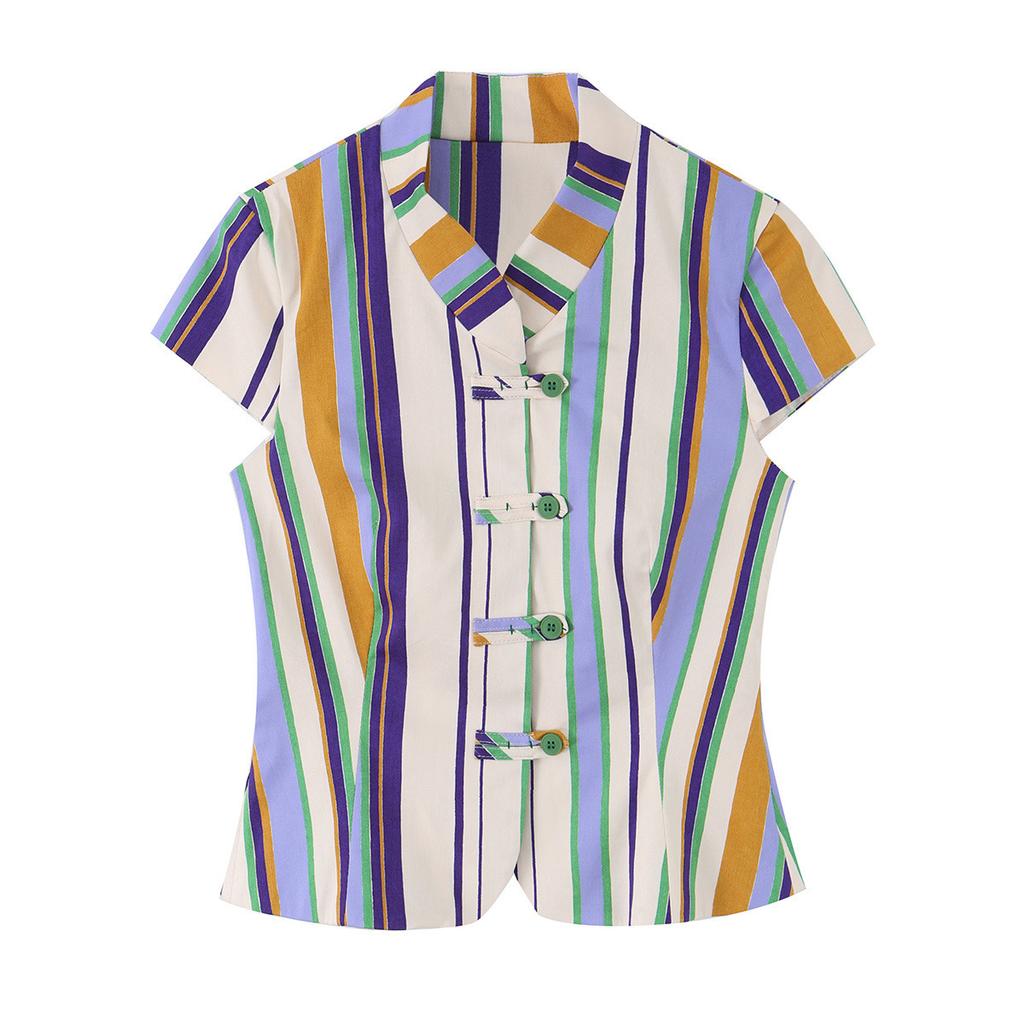 European and American style, wholesale women's clothing, fashionable versatile striped knot button top and trousers 2969329