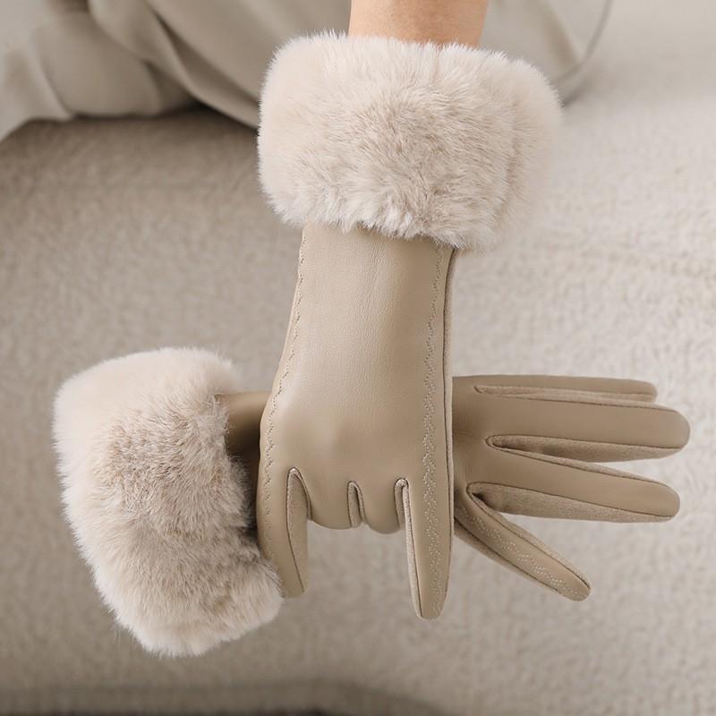 Womens PU Leather Warm Winter Gloves With Fleece Lining Touchscreen Compatible Windproof Riding