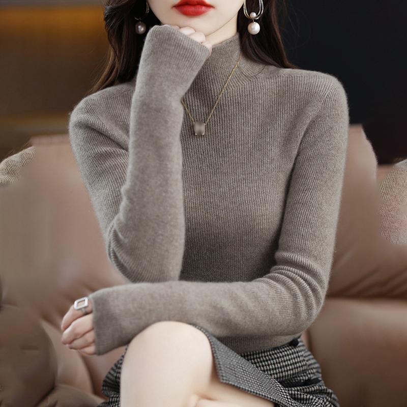 Женская осень-зима 2024, новый стильный пуловер с полуводолазкой и длинными рукавами, тонкий однотонный теплый вязаный низ, рубашка One size
