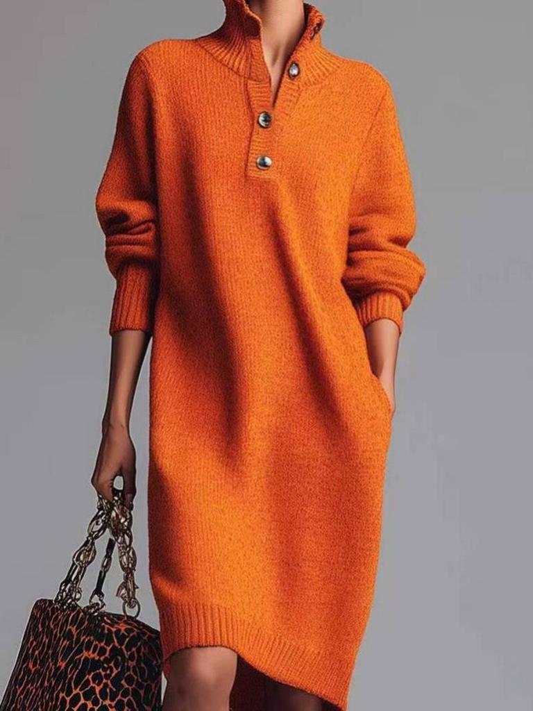 2025 Europäisches & Amerikanisches Lässiges Herbst-Strick-Midikleid mit Knopfleiste und Kragen