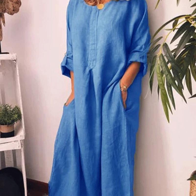 Sommer Freizeit Damen Einfarbig Übergröße Maxi Baumwolle Langes Hemd Kaftan Kleid Locker Lange Kleider Mode Damenbekleidung