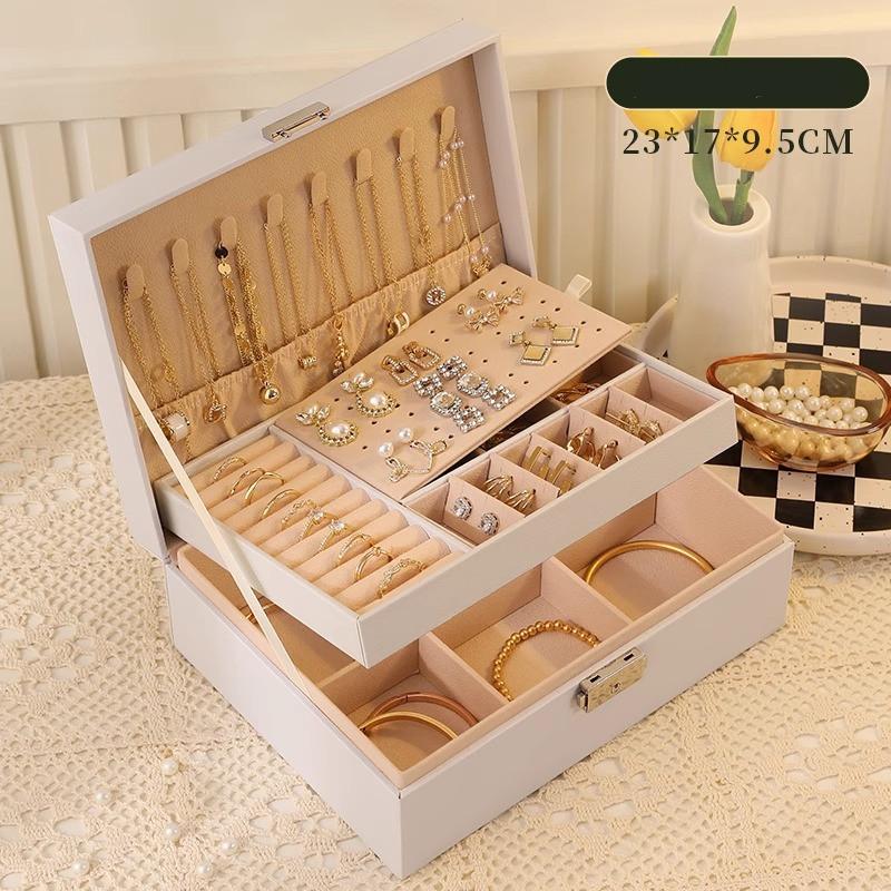 Classic Leather Jewelry Box With Multiple Layers For Elegant Storage Of Earrings Rings And Necklaces