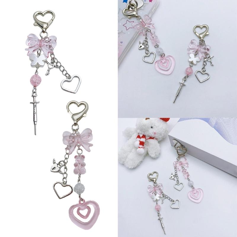 Elegant Bowknot Bead Heart Keyring Pendant Keychain Accessory Charm for Women