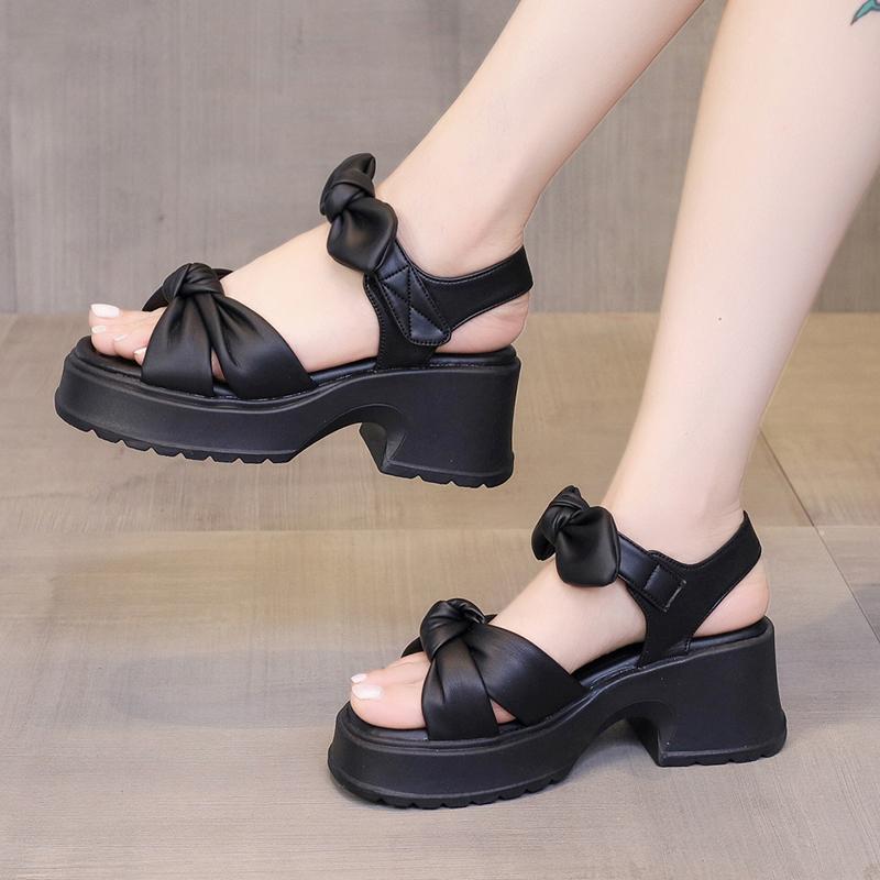 Women's Shoes Outdoor One Word Sandals for Woman Roman Style Black Bow Footwear Summer 2025 Platform with Youthful Emo Offer
