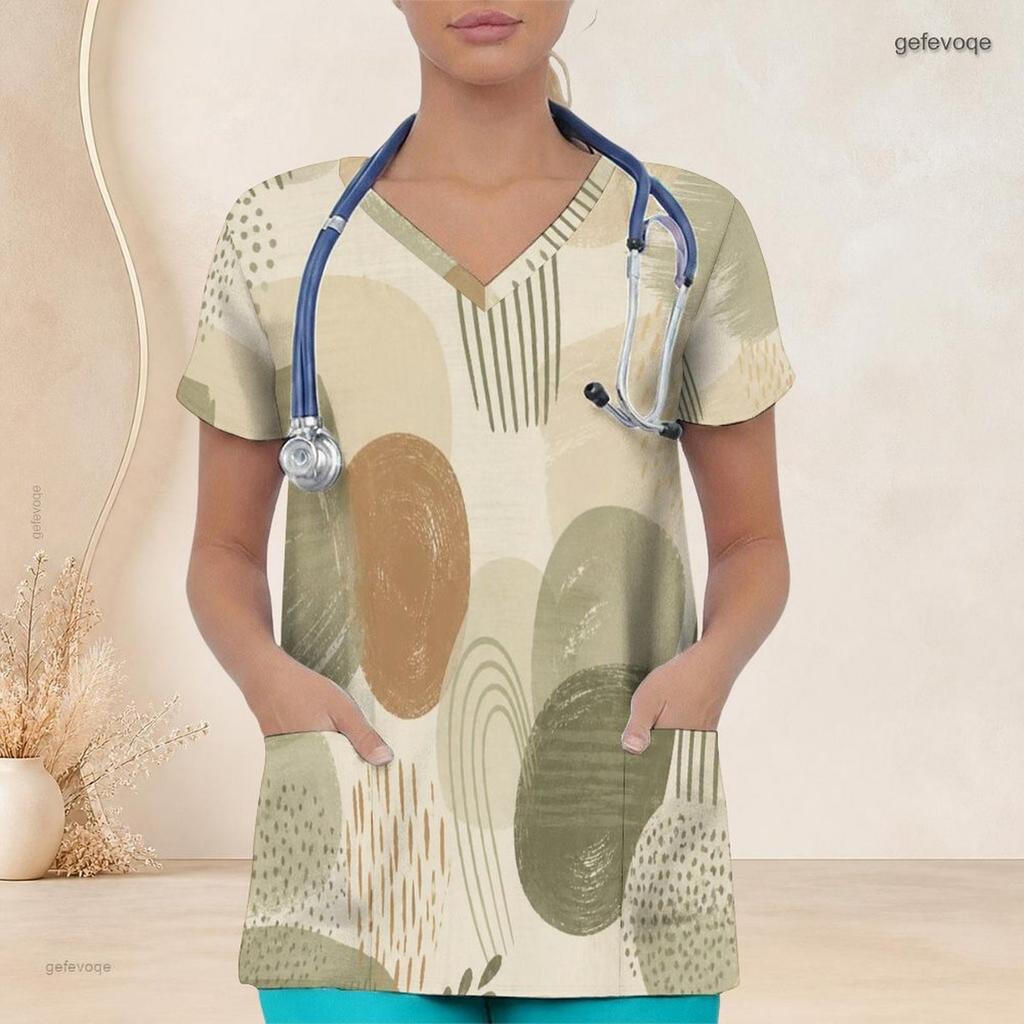 Top de uniforme de enfermera con estampado abstracto para mujer de talla grande, cuello en V, manga corta, con bolsillos delanteros