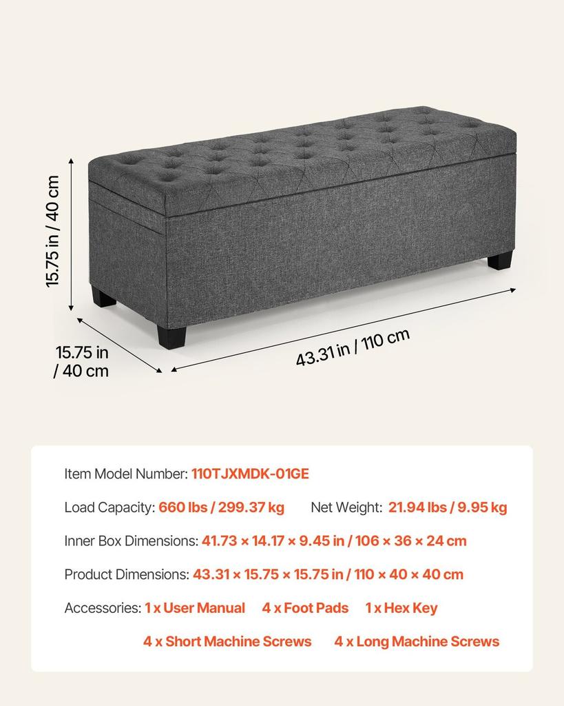 Storage Ottoman Bench, Button-Tufted End of Bed Bench with Side Bags, Flip-up Upholstered Storage Chest with Metal Frame, Linen Bed Ottoman for Living