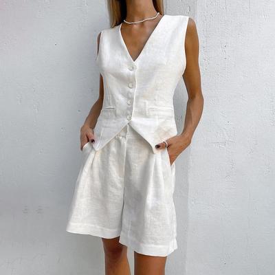 2025 Euro-American Style Cotton Linen Women's Sleeveless Vest & Shorts Set - Summer Casual Two-Piece