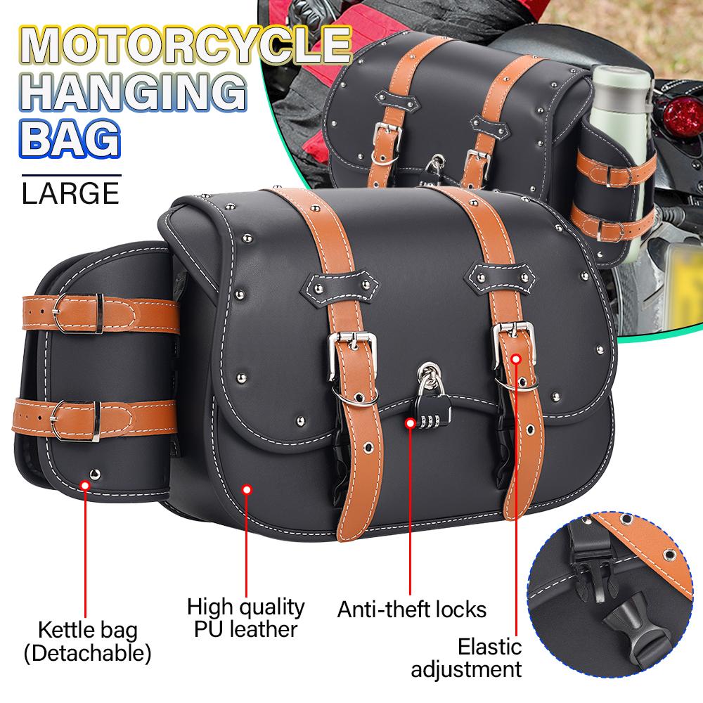 Universal Retro Motorcycle Side Hanging Bags Waterproof Pu Leather Saddle Bags Electric Bike Side Luggage Anti-Theft Car Bags
