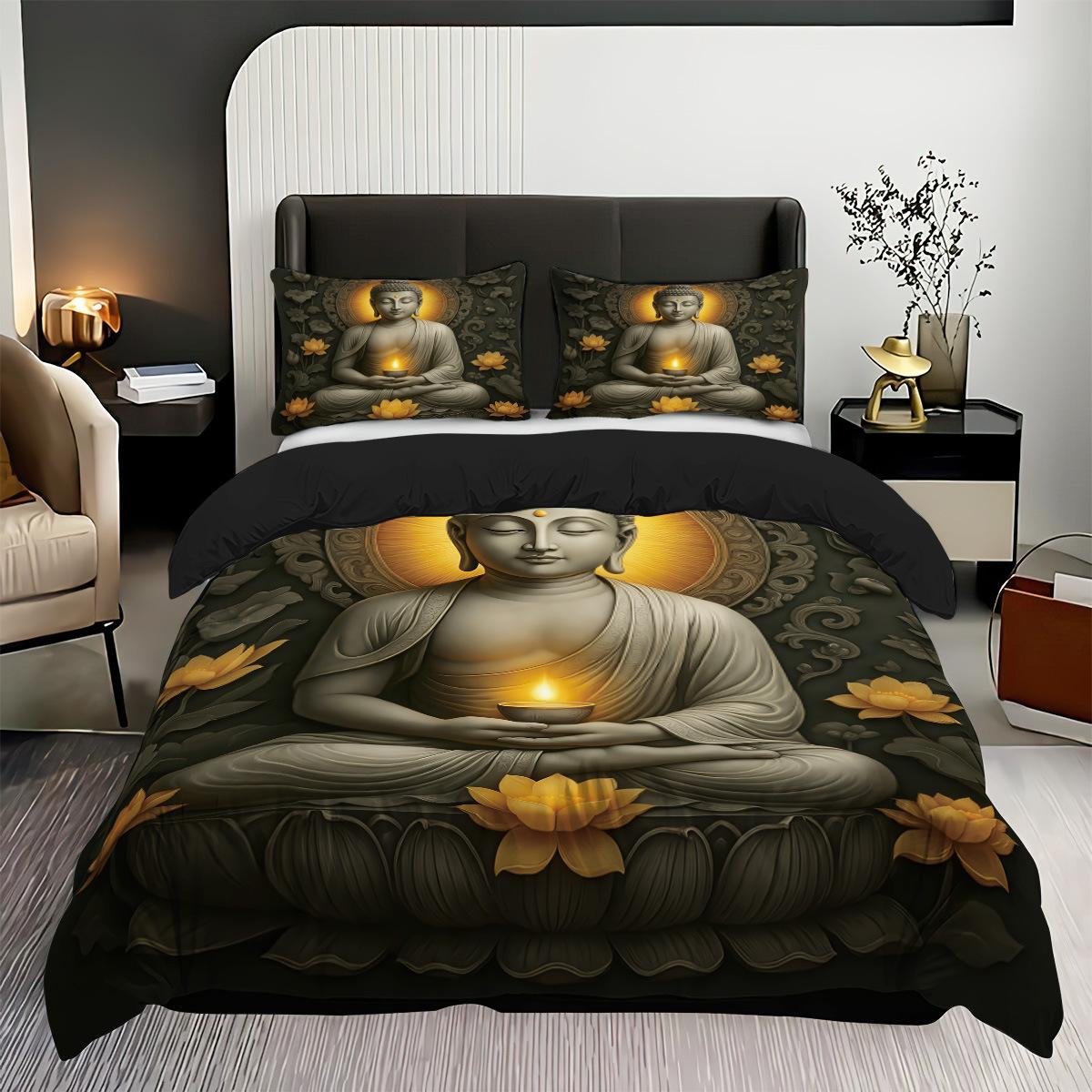 

Quilt Cover Buddha Statue 3D Digital Printing Bed Kit Quilt Cover Three-Piece Set 135x200cm