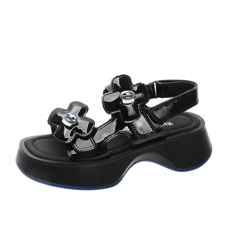 

Римские толстые высокие сандалии с цветочным принтом женские 2024 новые модные повседневные простые сандалии в цвете летние 39 чёрный