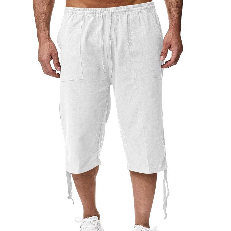 (Qunide) Men'S Loose Cotton And Linen Pants Beach Casual Sports Pants Solid Color Seven Points Cotton And Linen Shorts