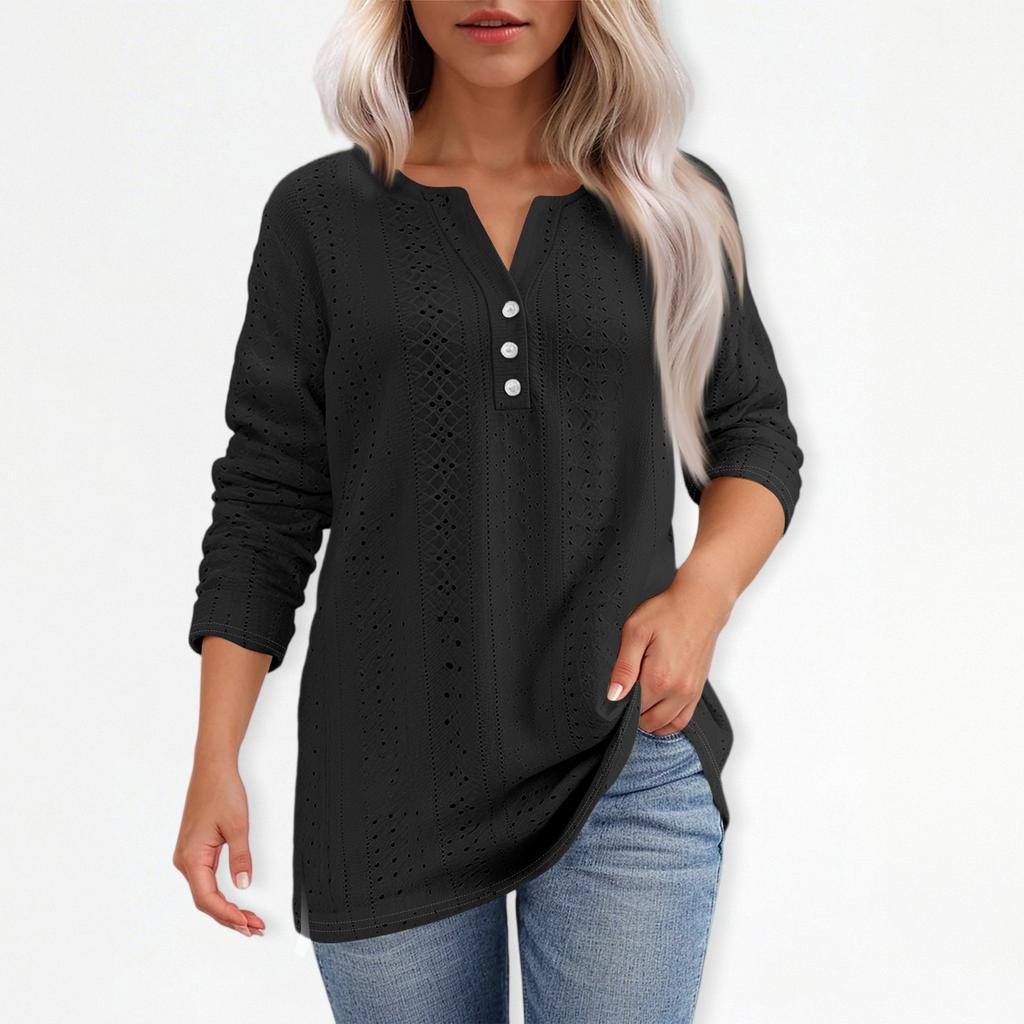 T-skjorte for kvinner T-skjorte med knapp 3/4 ermer Daglig helgmote Basic V-hals vanlig topp