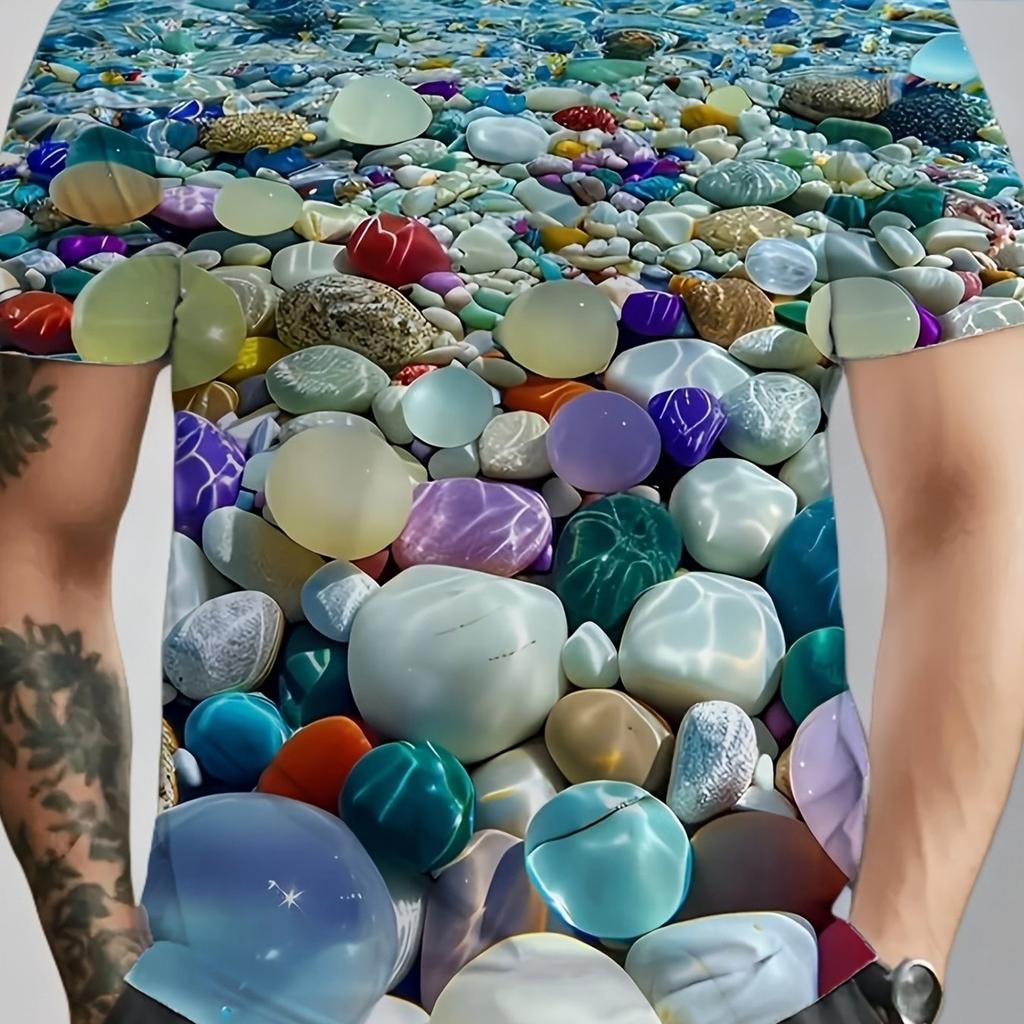 Men's 3D Colorful Glossy Pebble Underwater Print T-Shirt Crew Neck Short Sleeve Ocean Scenery Casual Summer Tee Top