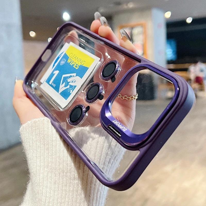 Clear Lens Metal Ring Stand Phone Case For IPhone 16 15 14 13 12 11 Pro Max Plus Camera Glass Protection Transparent Cover