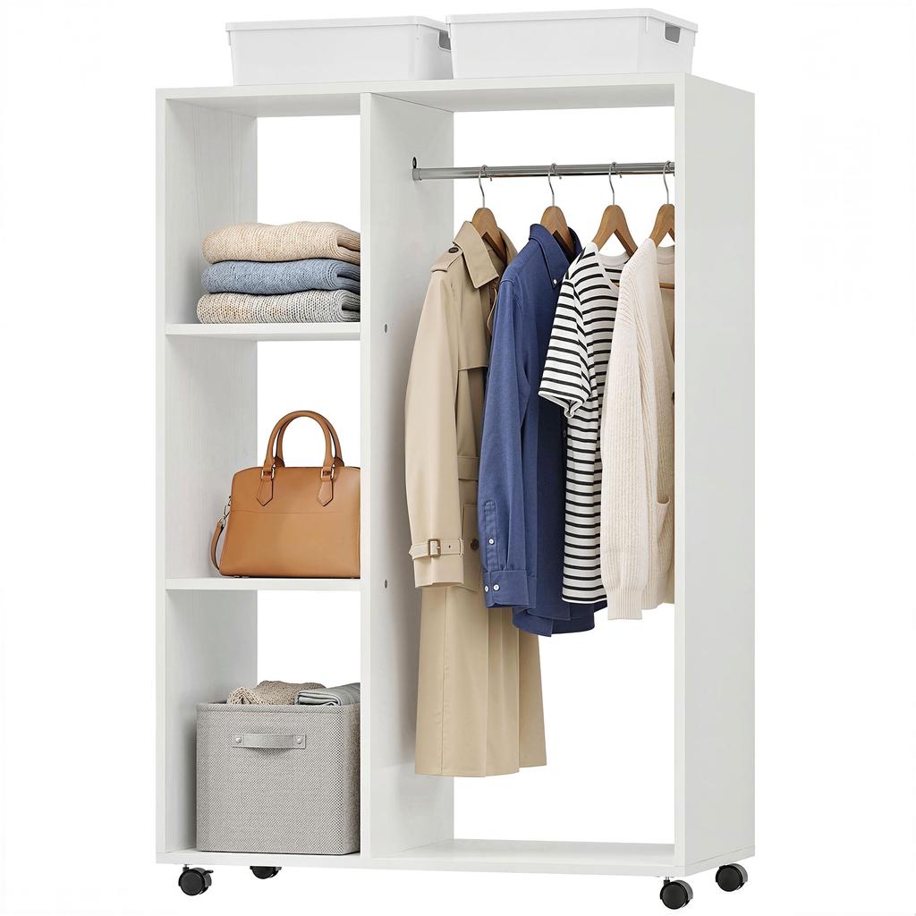 Guardaroba su Ruote, Appendiabiti Mobile, Armadio per Vestiti, Supporto per Vestiti a Rotelle, 80 x 40 x 128 cm, Bianco