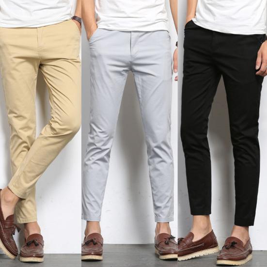 Men Casual Solid Color Elastic Pockets Thin Long Straight Trousers Suit Pants