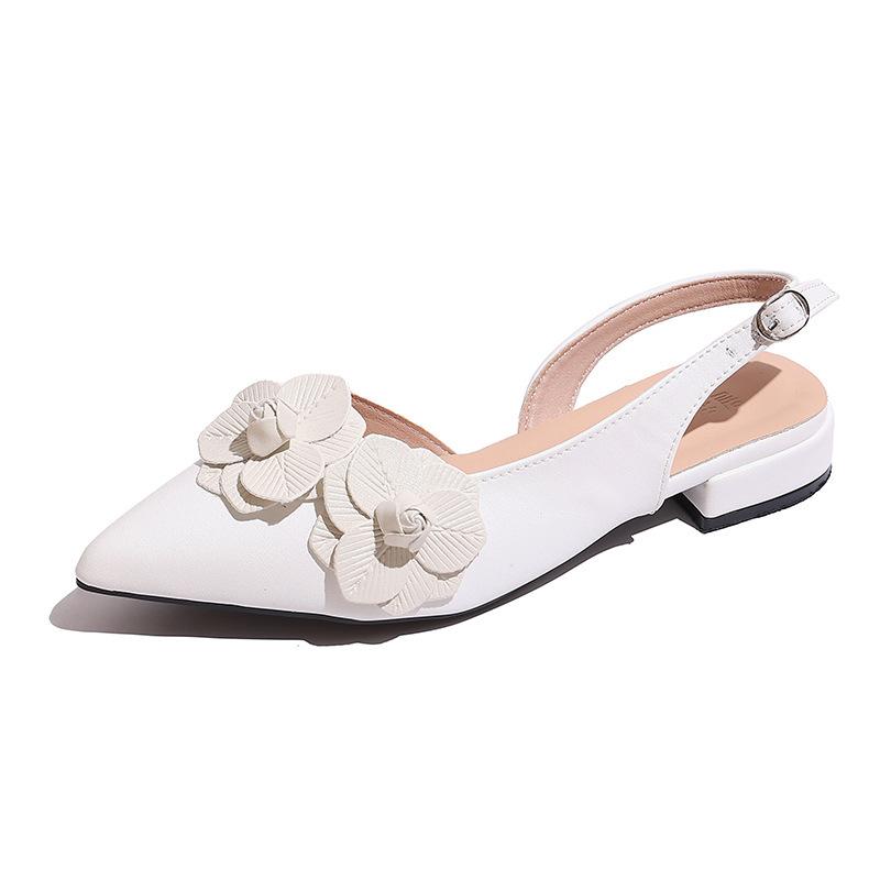 Summer new shoes 2025 one-word bag head sandals women's retro pointed French thick heel light mouth flower sandals