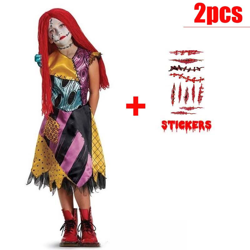Kids Girls Boys Cosplay Christmas Eve Scary Ghost Bride Sally Skeleton Jack Dress Striped Halloween Character Dress Up Costume