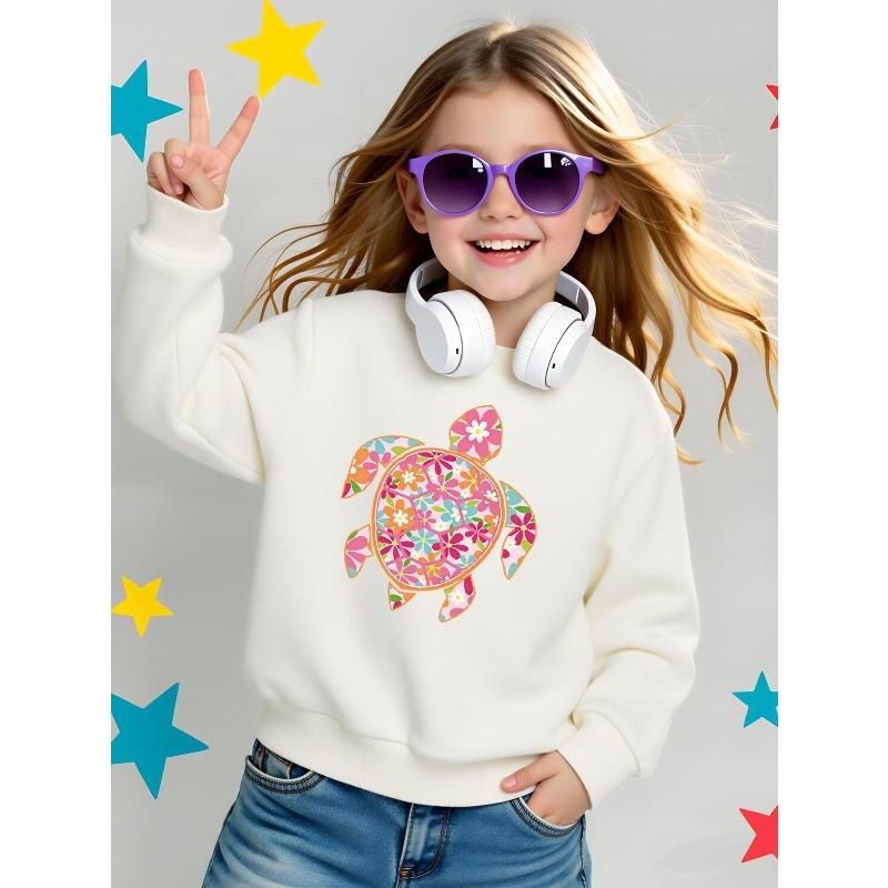 Kids Sweatshirt, Crew Neck Fashion Top, Fun "Floral Turtle Pattern" Patterned Sweatshirt, Suitable for Everyday Casual Wear
