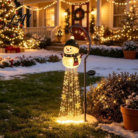 Metal Iron Garden Art Ornaments Solar Powered Christmas Light Outdoor Stake Festive Scene Decor Star Snowflake Waterfall String Lamp Holiday