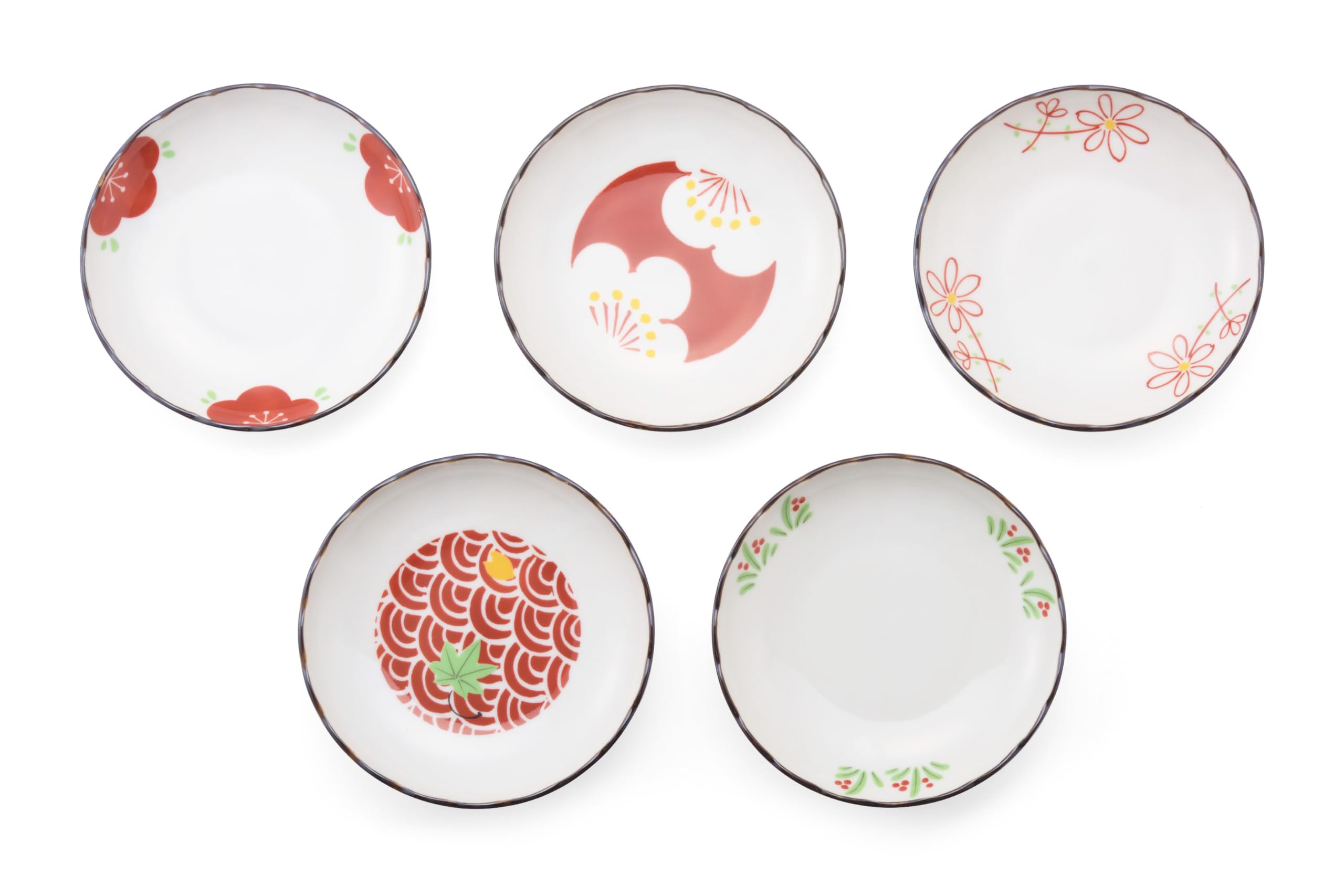 Saikaitoki Small Plates, Dishes, Tableware, Japanese Tableware, Set of 5, Red Painted Chrysanthemum Shaped Small Plates (Set of 5 Designs)