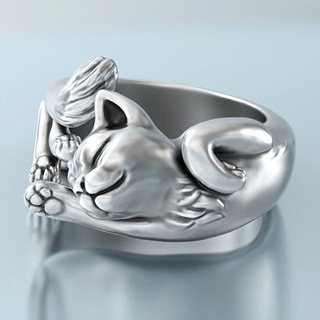 Cute Fortune Cat Shape Opening Rings For Women Silver Color Vintage Frog Toad Animal Delicate Finger Ring Girl Fashion Jewelry