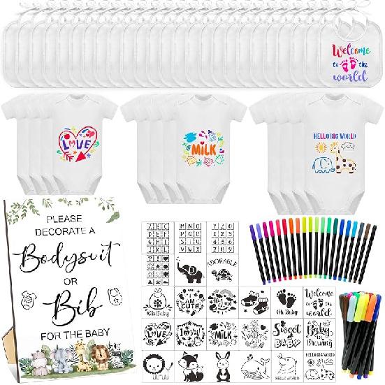 82Pcs Baby Bib Bodysuit Baby Shower Set Baby Shower Game Sign Baby Feeder Bib Newborn Bodysuit Fabric Marker