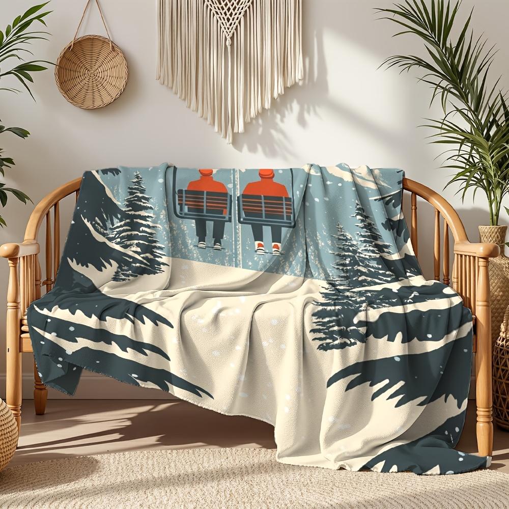 Winter Ski Lift Print Flannel Blanket, Soft Beige with Mountain Gondola Design, All-Season Couch Bed Cover for Camping Travel