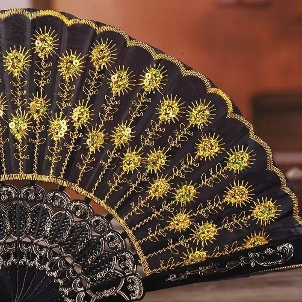 Sequin Embroidery Chinese Folding Fan Peacock Pattern Handheld Fan Plastic Fan Home Decor