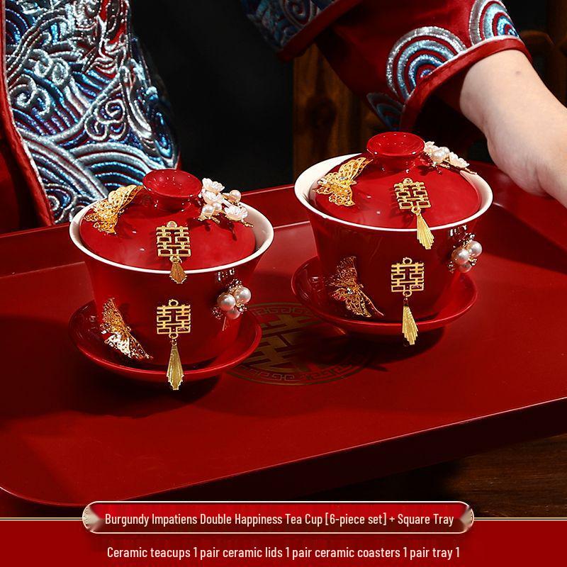 Double Happiness Butterfly Love Teacup Set: Wedding Bowls, Red Tea Set, Chopstick Pair, Dowry Gift