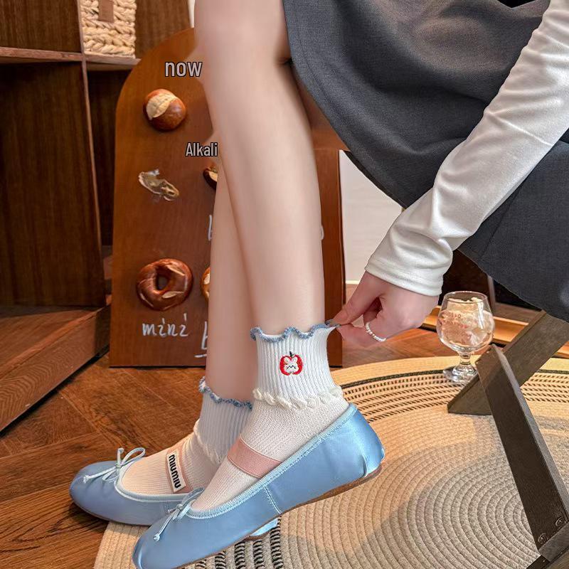 Women's Cute Japanese Cartoon Lace Socks - Thin Spring/Summer White Mid-Calf Style
