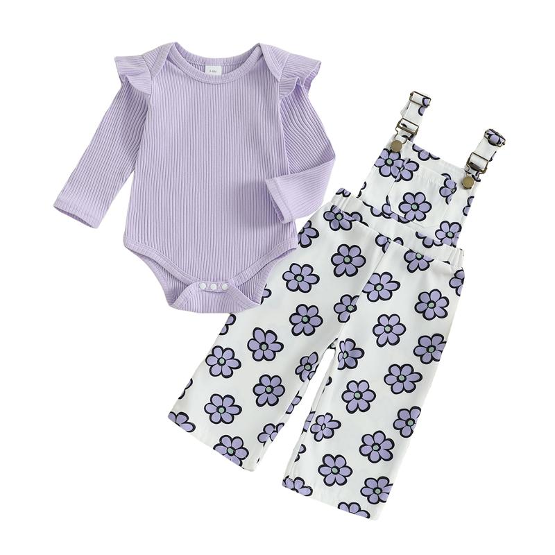 Autumn Fashion Newborn Baby Girls Clothing Set Solid Color Long Sleeve Ribbed Romper with Floral Print Overalls 2Pcs Outfit