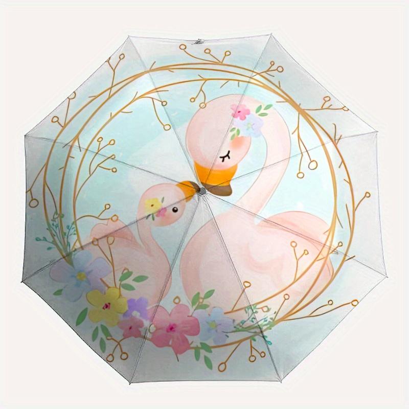 1pc Flamingo Family Floral Wreath Automatic Opening and Closing Umbrella - Small Umbrella Suitable for Various Occasions, Portable 3-Fold Sm