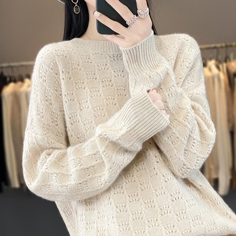Autumn And Winter New Round Neck Hollow Wool Knitted Sweater Women'S Loose And Thin Long-Sleeved Versatile Jacquard Sweater Large Size