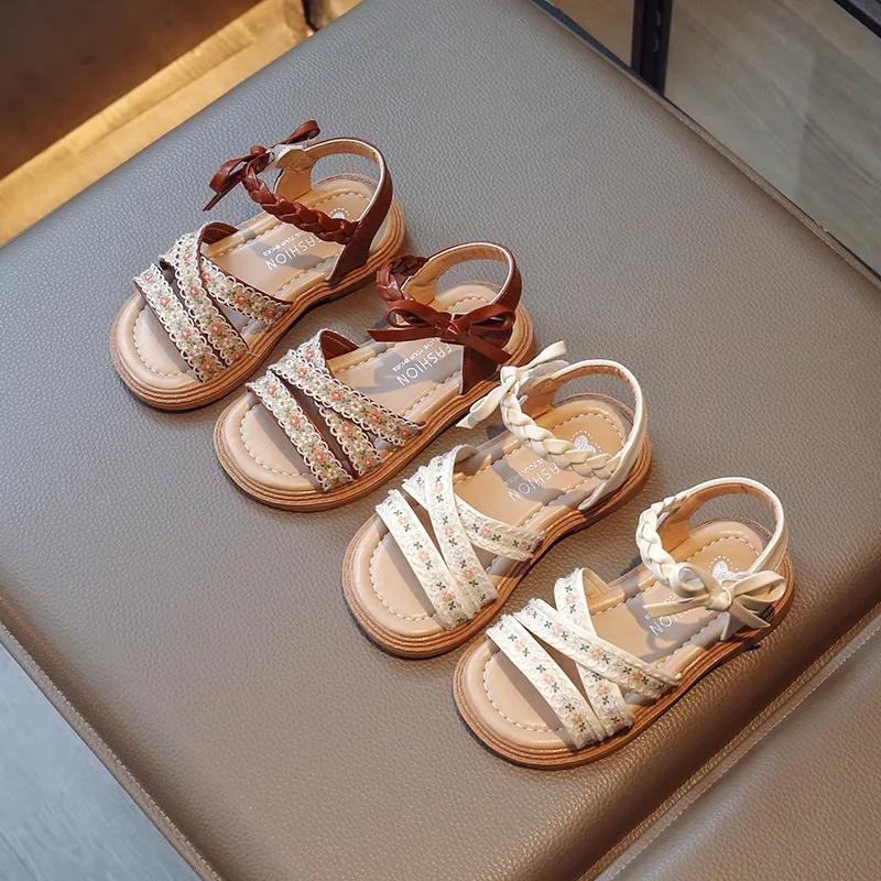 Children's Sandals Girl Summer Sweet Fashion Embroider Kids Outdoor Open-toe Flats Beach Shoes Causal Versatile Princess Sandals