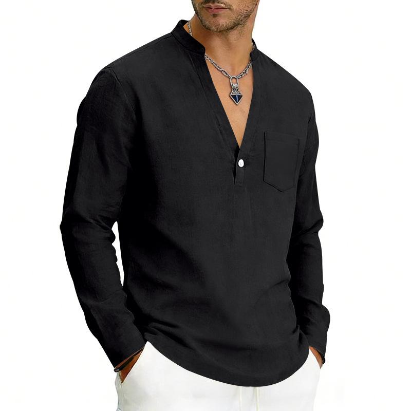 Men S Loose Linen V Neck Long Sleeve Casual Shirt For Spring Autumn