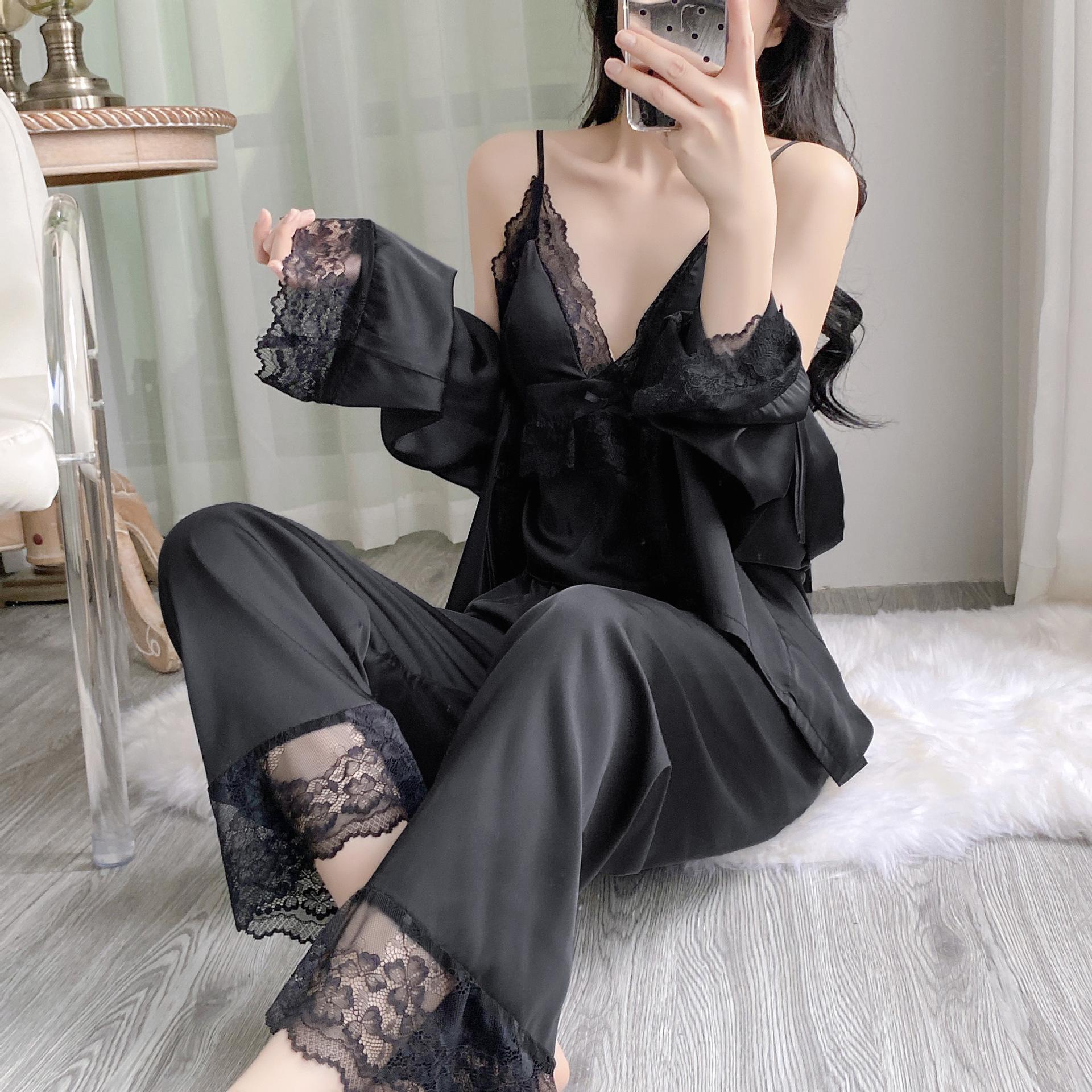 

Women s Ice Silk Long-Sleeve 3-Piece Set - Elegant & Sexy Homewear with Chest Pads, Perfect for Spring & Autumn M чёрный