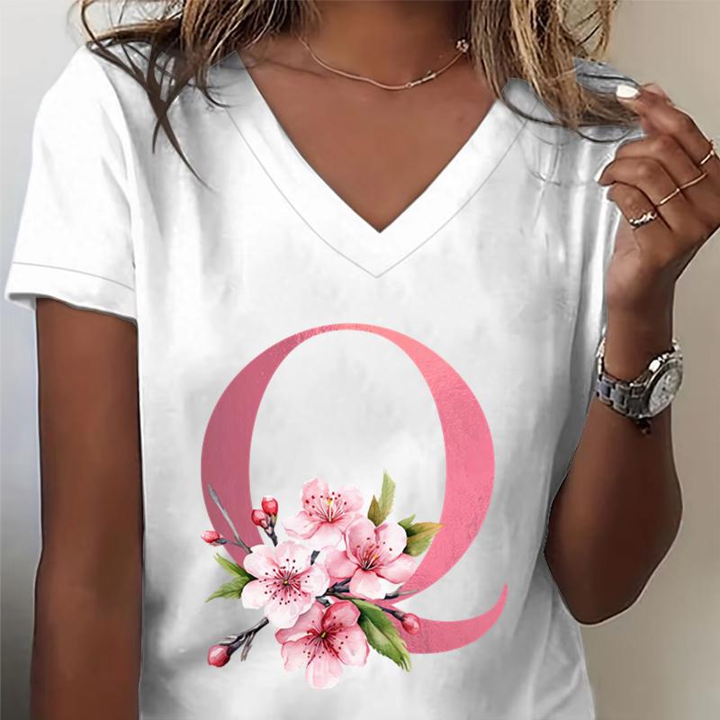 Pink Sakura Alphabet Graphic T Shirts Unisex Az 26 Alphabet Pink Flower Cartoon Tshirts Cherry Blossom Letters C Casual Tops