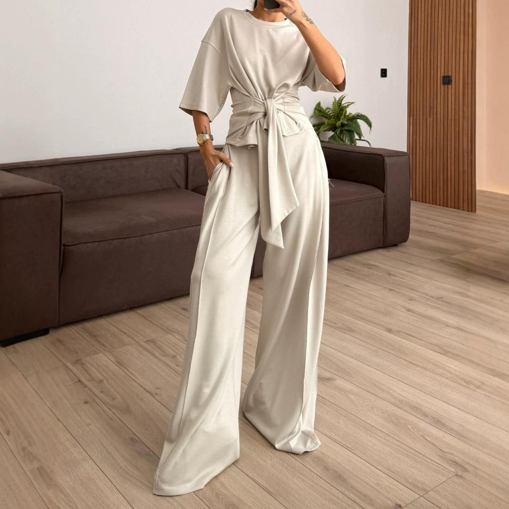 European and American women's clothing new round neck short-sleeved lace-up waist top mopping floor wide-leg pants temperament set