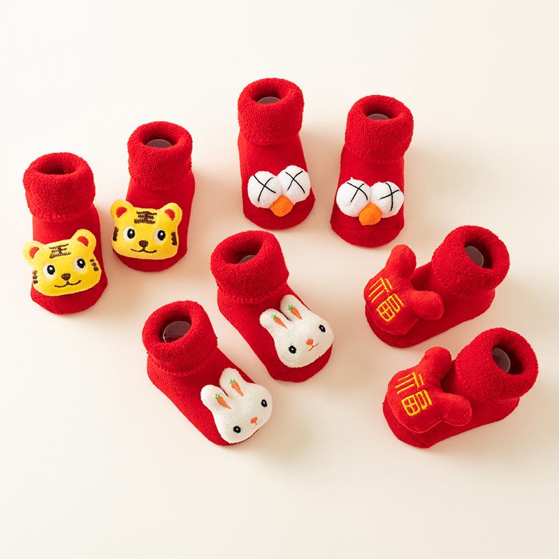 Newborn Red Non-slip Plush Socks for Autumn/Winter - Warm Terry Christmas Floor Socks for Babies and Toddlers.