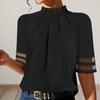 Camicetta da donna casual tinta unita pullover top collo alto cuciture a rete mezza manica pieghettata vestibilità ampia casual camicetta da ufficio