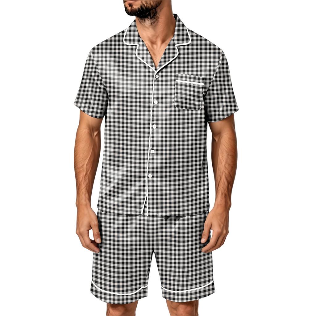 Men's Short Sleeve Pajama Set with Pockets - Soft Satin Stripe Plaid Print Two-Piece Outfit for Home and Casual Wear