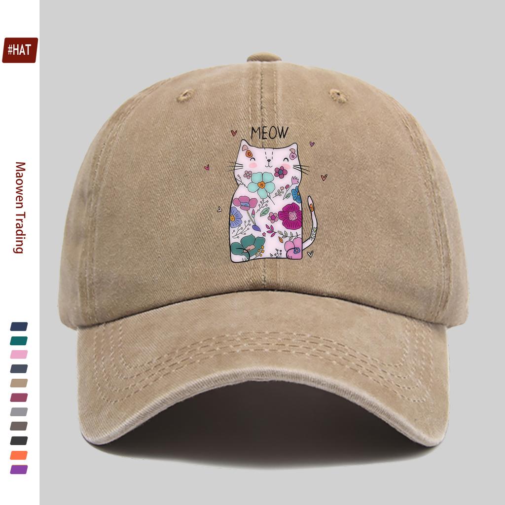 pc Elegant Floral Pattern Cat Print Baseball Cap Fashionable Comfortable Breathable Casual Sun Hat Comfortable Lightweight Tr