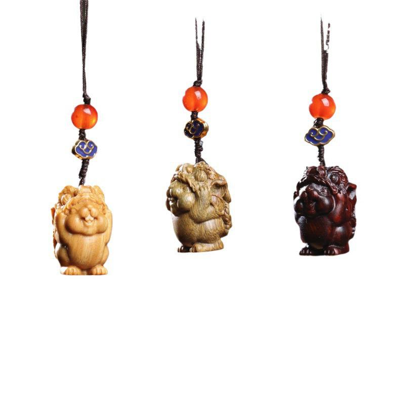 Waking Lion Zodiac Rabbit Wood Carving Keychain Pendant Ornament Gift